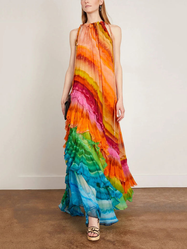 Ruffled sleeveless halter maxi dress for women. Elegant tiered flowy design, perfect for summer evening events.
