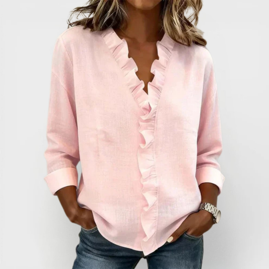 Elegant women's ruffled V-neck long sleeve blouse, perfect for versatile workwear & casual chic spring/fall fashion.