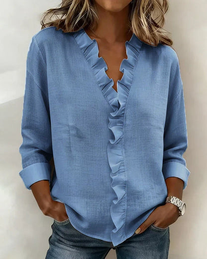 Elegant women's ruffled V-neck long sleeve blouse, ideal for professional workwear and sophisticated office attire.