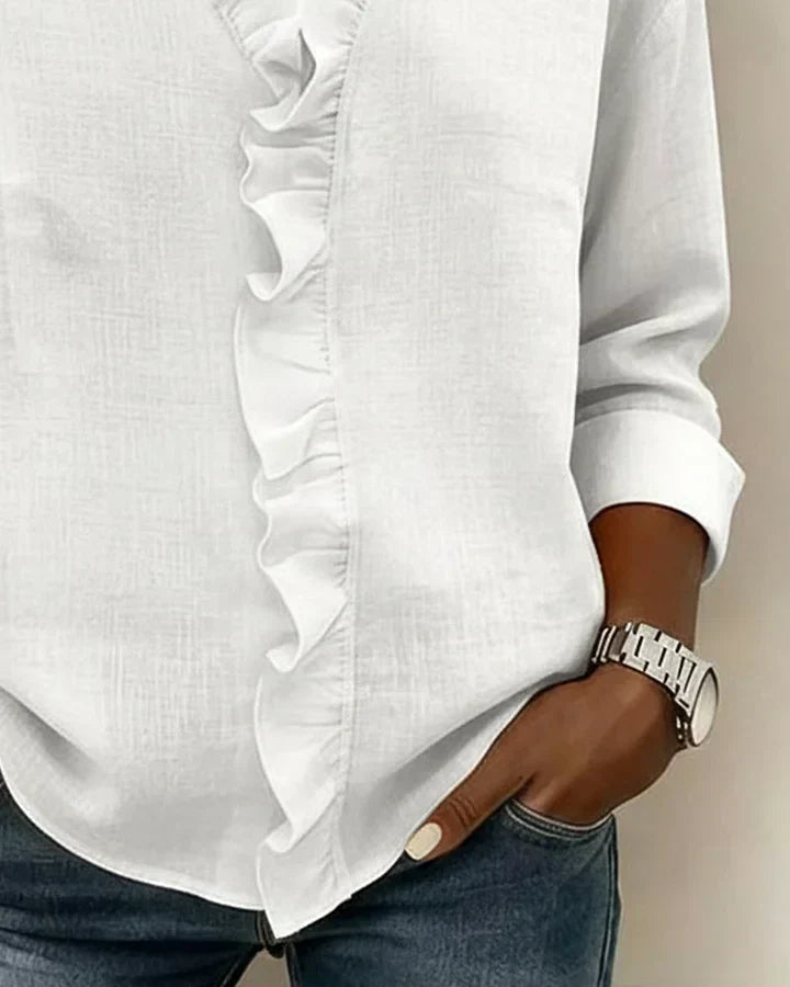 Stylish women's ruffled V-neck long sleeve blouse, a comfortable & versatile top perfect for elegant spring fashion.