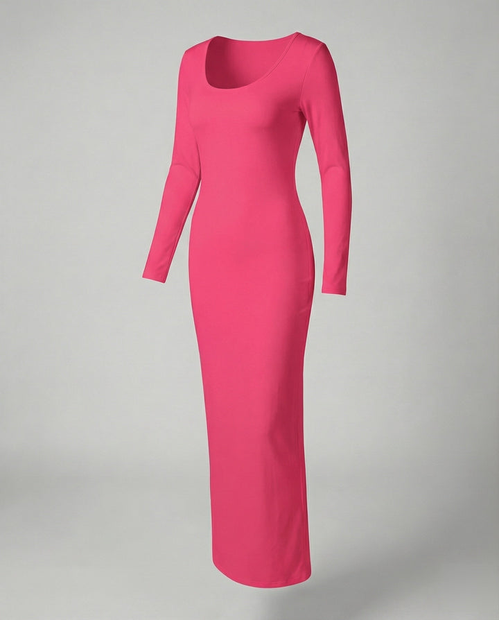 Women's scoop neck long sleeve bodycon maxi dress. Elegant fitted party & evening fashion dress.