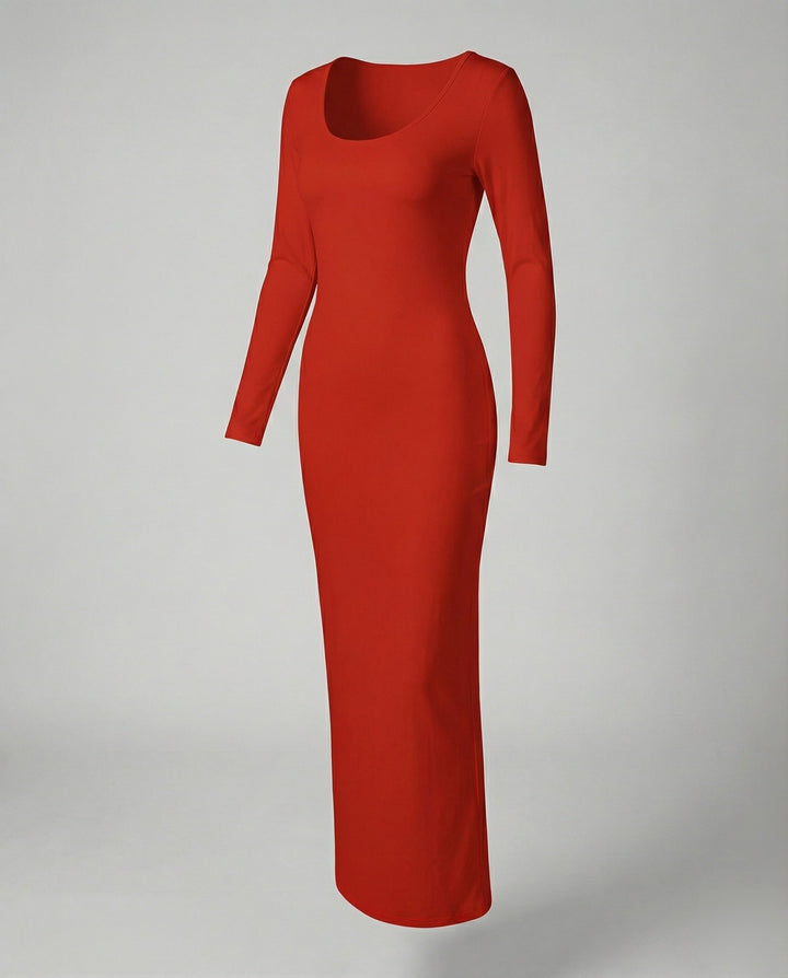 Stunning women's long sleeve scoop neck bodycon maxi dress, offering a refined and elegant appearance.