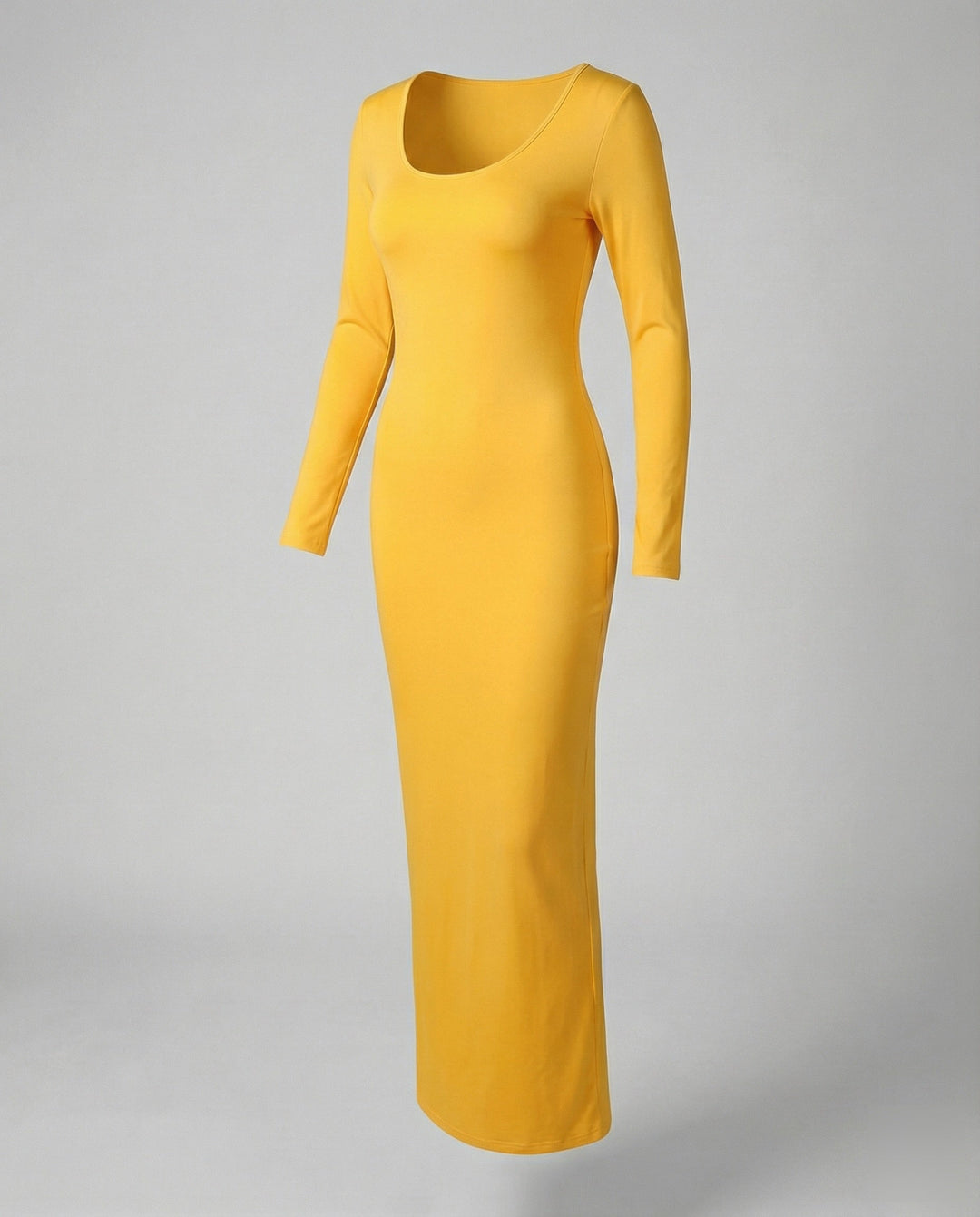 Classic women's scoop neck long sleeve bodycon maxi dress. A versatile elegant fitted evening dress.