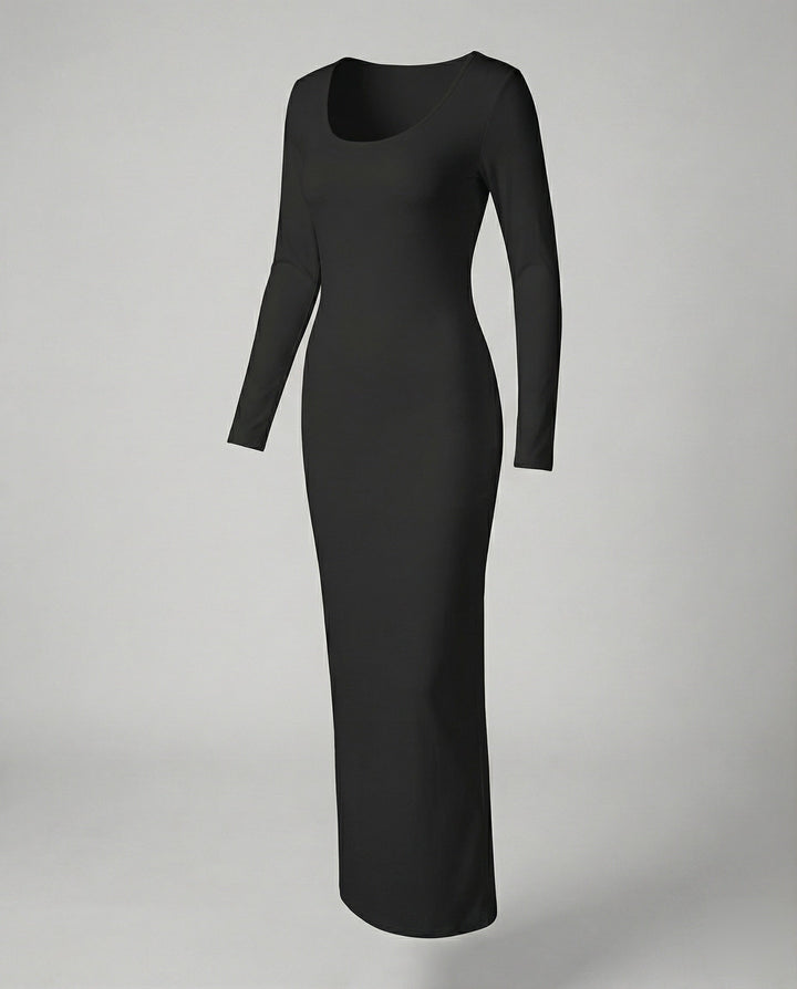 Chic women's scoop neck long sleeve bodycon maxi dress, embodying a sleek and elegant style.