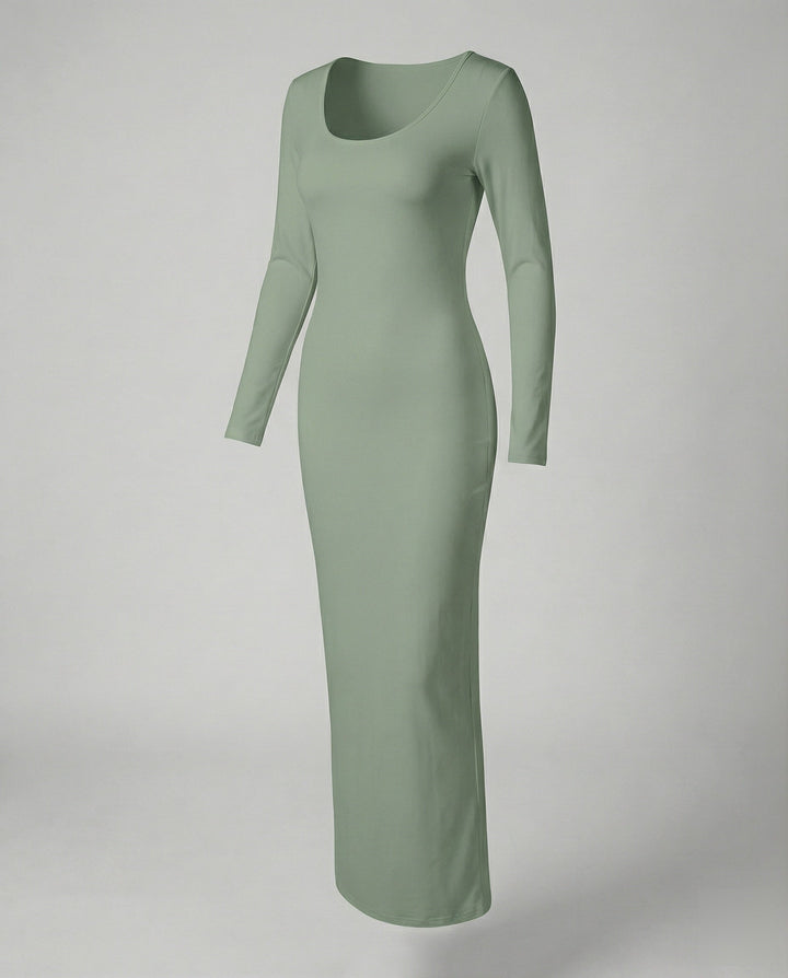 Fashion-forward women's bodycon maxi dress, long sleeve scoop neck design for modern elegance.