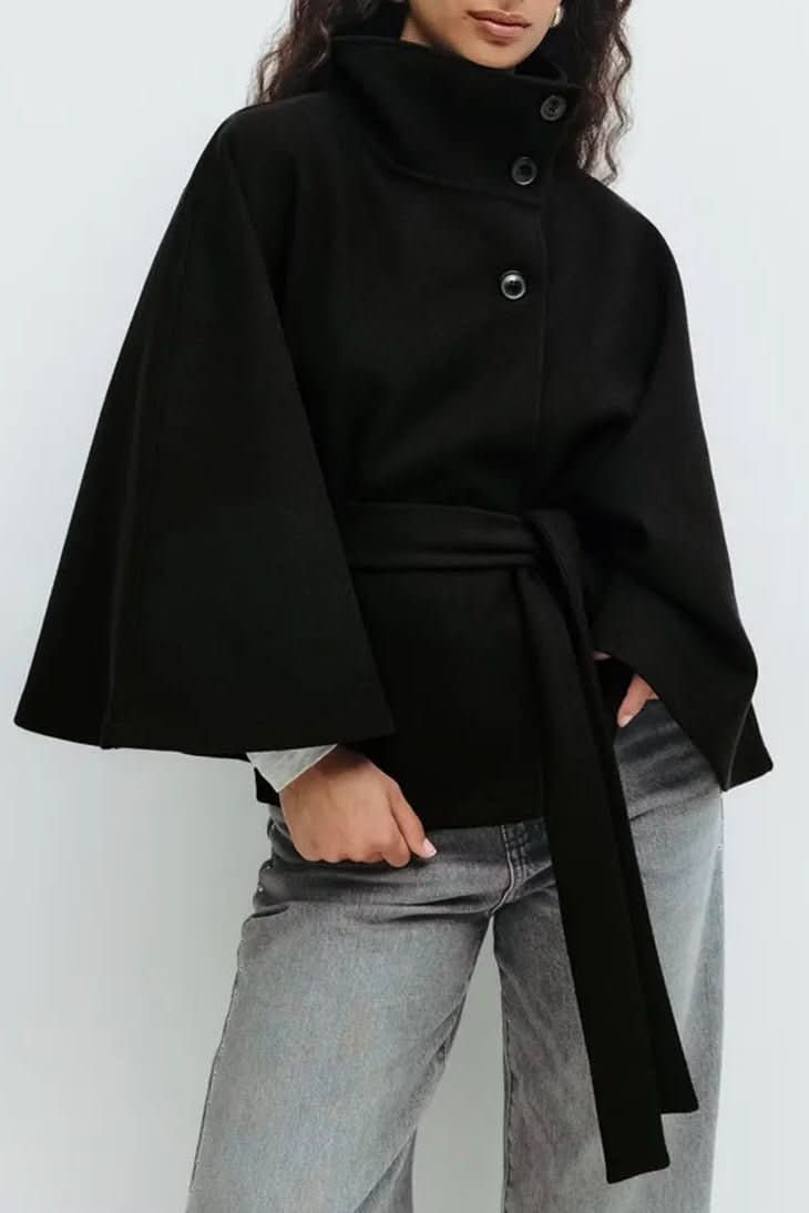 Elegant women's self-tie cape in a luxurious oversized fit, perfect for chic versatile layering.