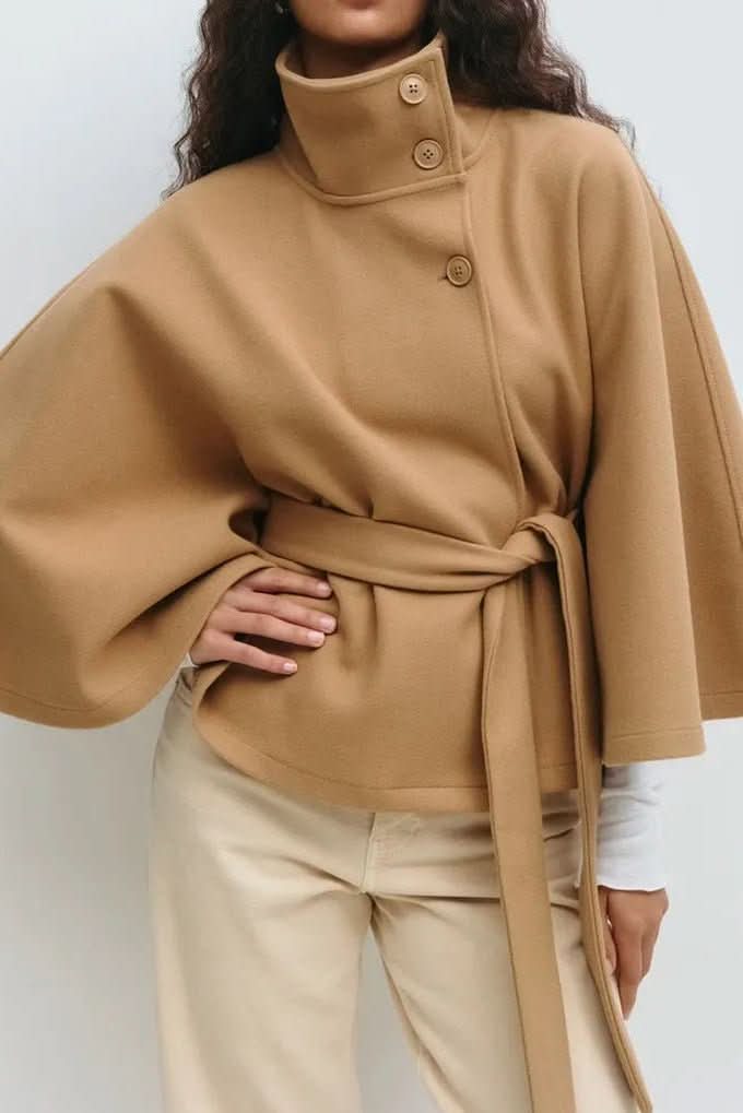 Chic oversized self-tie women's cape, a stylish fashion accessory for elegant autumn winter style.