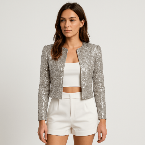 Elegant women's sequin cropped blazer jacket for evening wear. Perfect for parties & special occasions.
