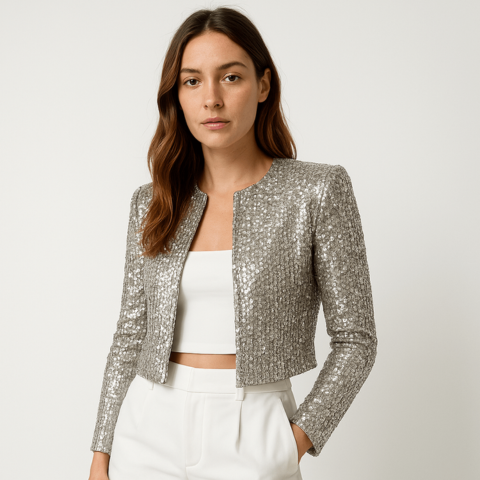 Chic women's cropped blazer with sparkling sequins, ideal for a glamorous party or evening outfit.