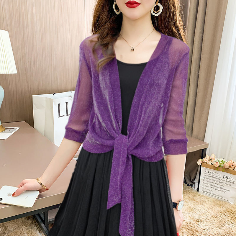 Women's elegant sheer tie-front cropped bolero top, a chic half-sleeve layering piece for any outfit.