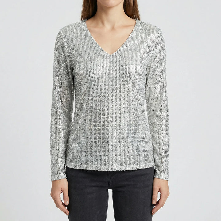 Shimmer V-neck long-sleeve blouse for women. Versatile fashion, ideal for party or workwear.