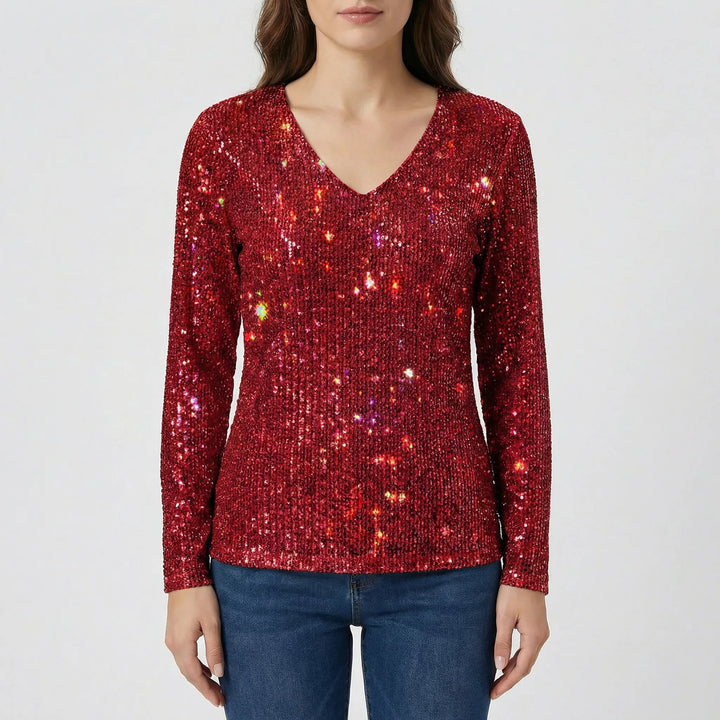 Chic women's shimmer V-neck long-sleeve top, ideal for evening parties, work, or elegant wear.