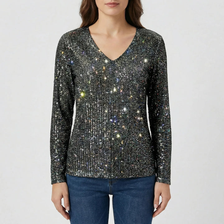 Lana women's shimmer V-neck long-sleeve blouse. A flattering and elegant long sleeve top.