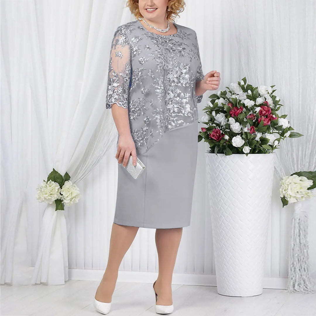 Grey women's short sleeve midi dress, a versatile and elegant choice for cocktail parties or formal events.