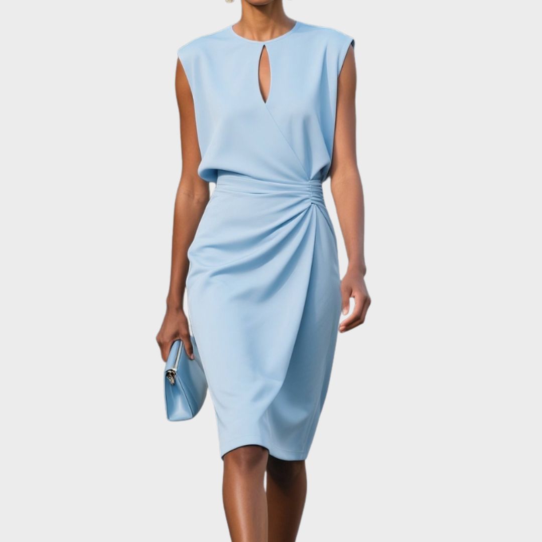 Elegant women's side-gathered midi dress for work or cocktail events. Flattering sleeveless design.