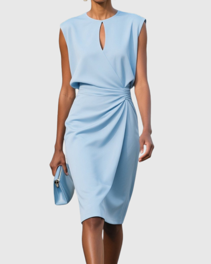 Sleeveless midi work dress for women, with elegant side-gathering & keyhole neckline. Perfect office wear.