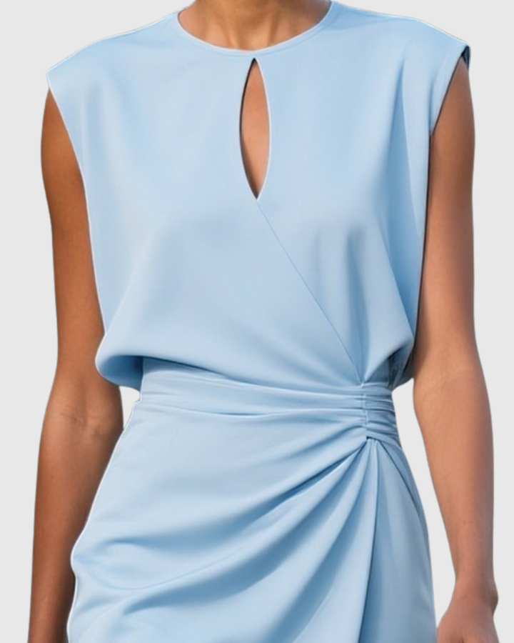Versatile women's elegant midi dress, side-gathered. Suitable for work, evening, or cocktail parties. Flattering fit.