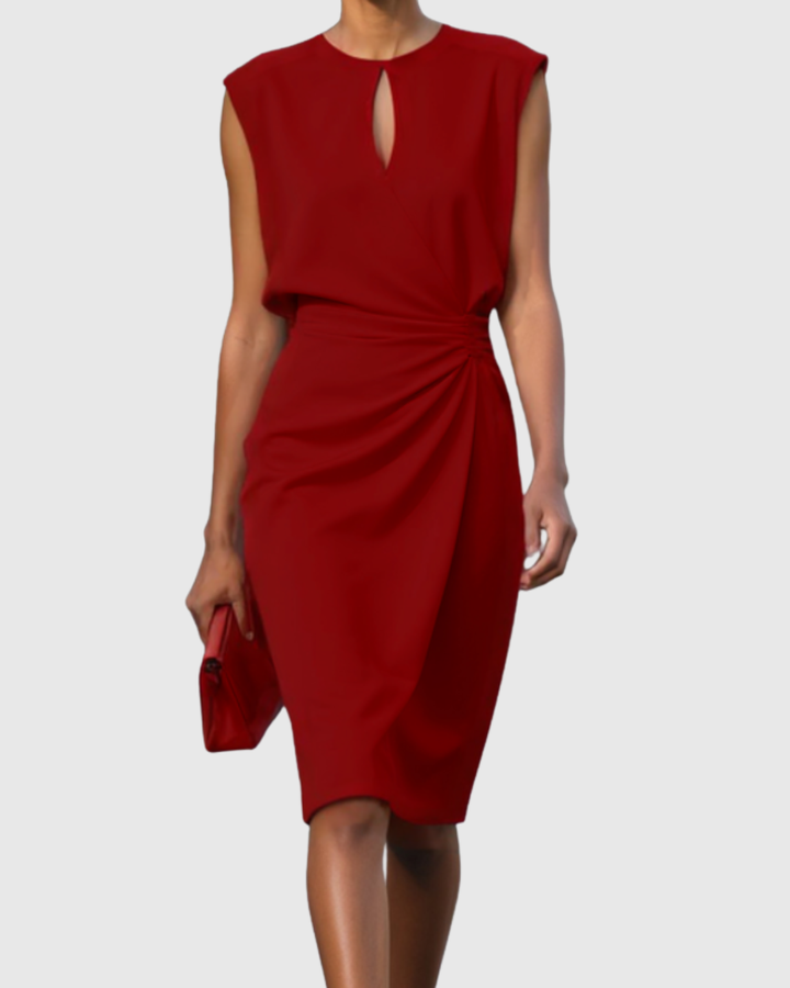 Elegant women's side-gathered cocktail dress. Versatile sleeveless midi style, perfect for evening or professional events.