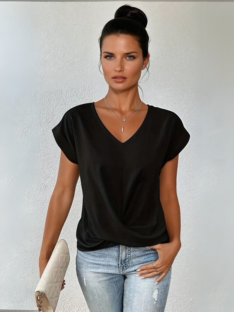 Elegant women's silky twist-front V-neck short sleeve top. Perfect for casual chic, workwear, or a night out.