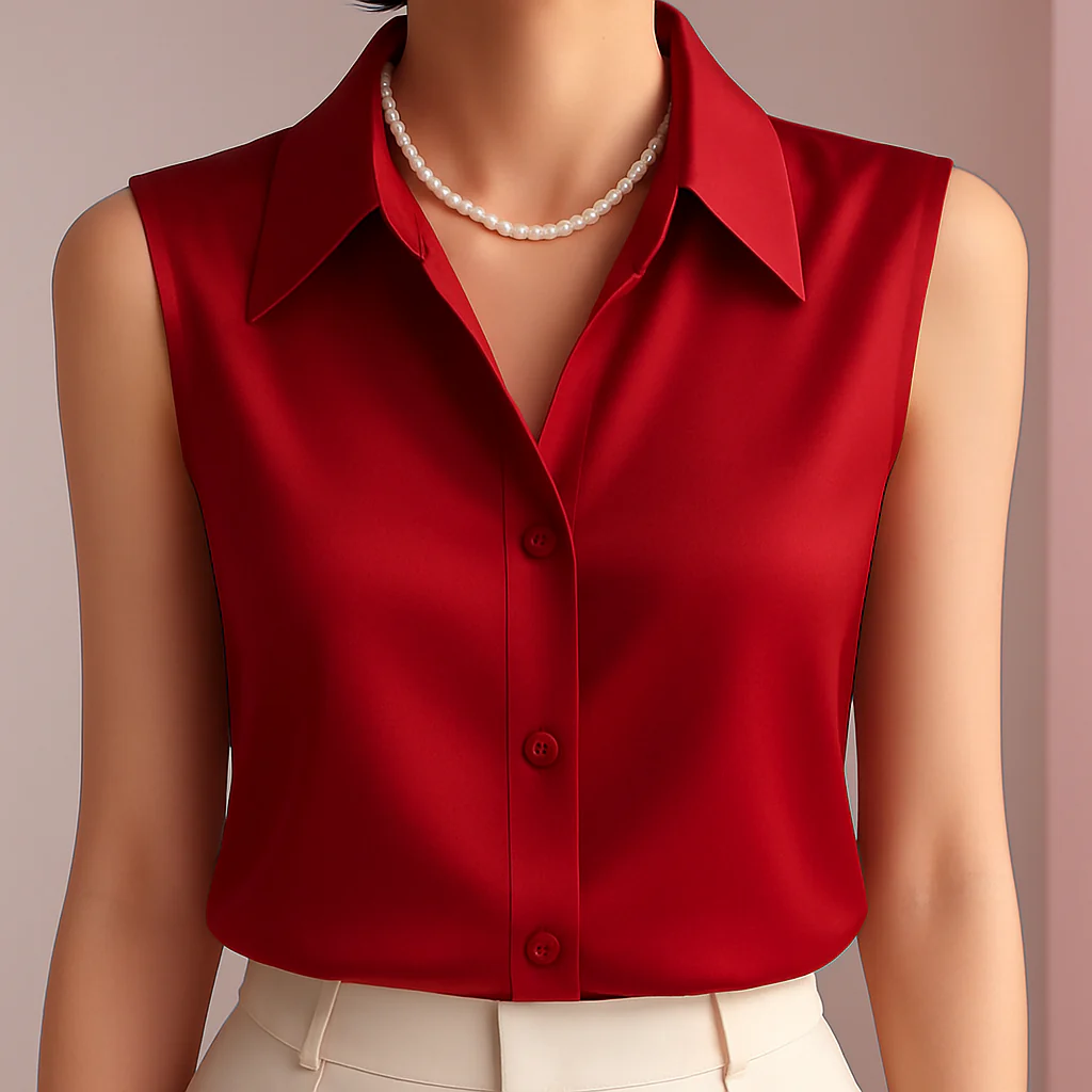 Elegant women's sleeveless button-down blouse, tailored fit for professional office wear & smart casual style. Chic summer top.