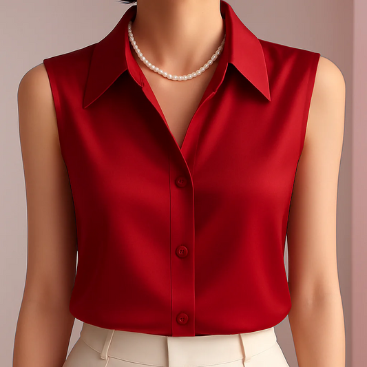 Elegant women's sleeveless button-down blouse, tailored fit for professional office wear & smart casual style. Chic summer top.