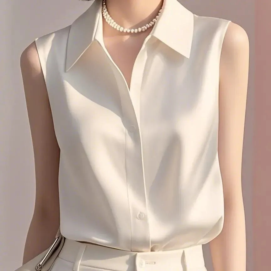Professional women's sleeveless blouse with button-down front. Elegant tailored office wear, also great for smart casual looks.