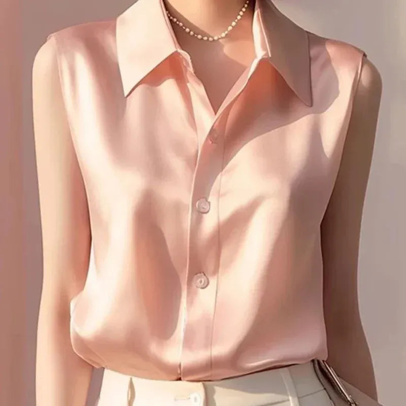 Stylish women's sleeveless button blouse. Versatile tailored collared top, ideal for elegant professional or smart casual fashion.