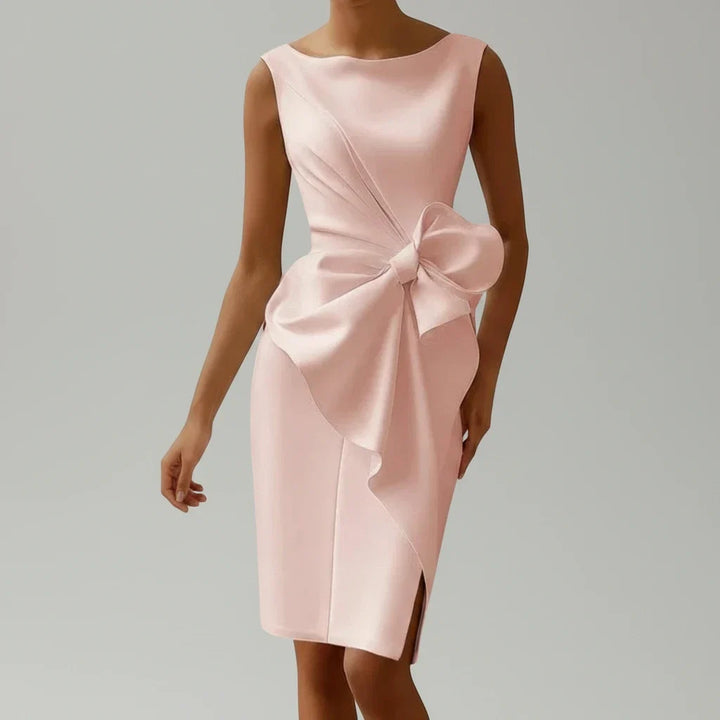 Elegant women's sleeveless cocktail midi dress with a sophisticated bow detail, perfect for special occasions.