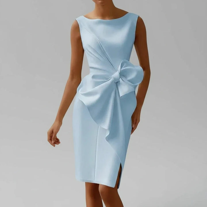Sophisticated women's midi dress, an elegant sleeveless cocktail dress featuring a chic bow, great for special occasions.