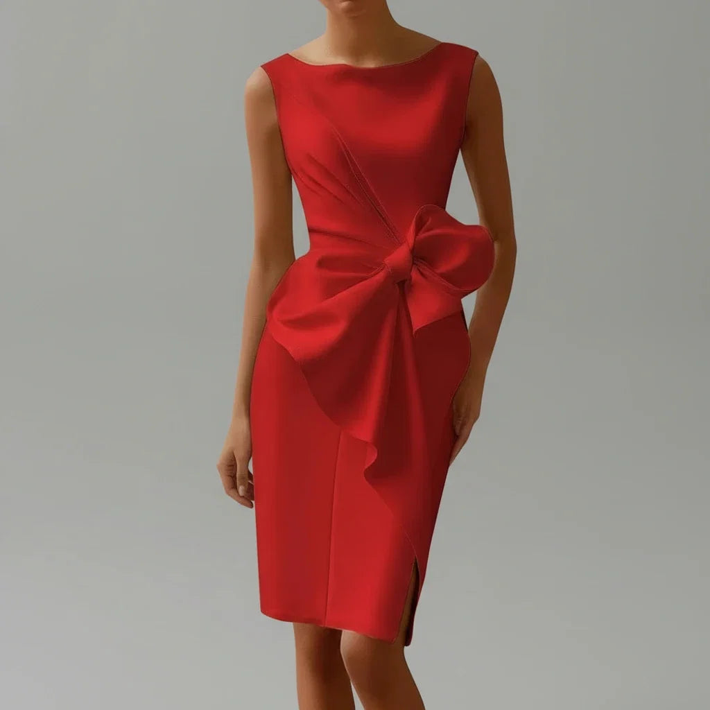 Flattering women's evening midi dress, an elegant sleeveless formal gown with a prominent bow detail for parties.