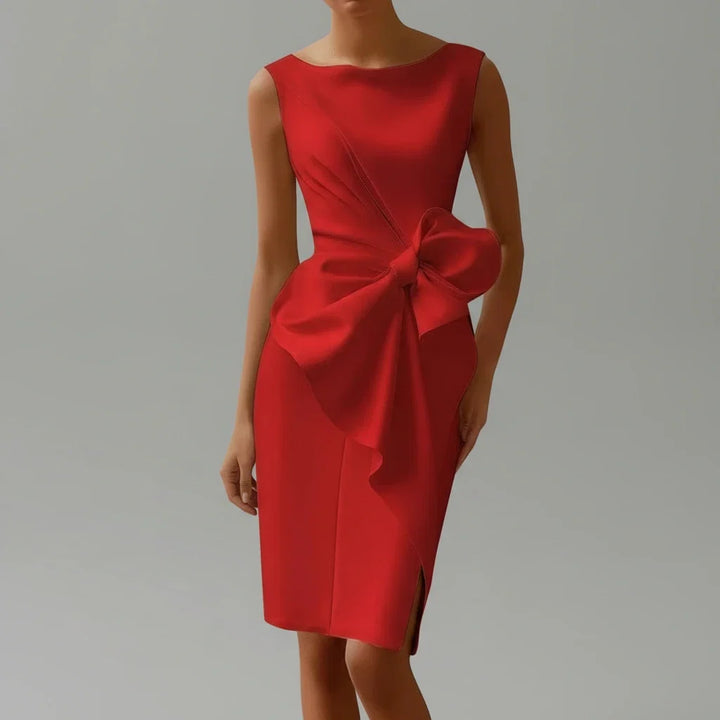 Flattering women's evening midi dress, an elegant sleeveless formal gown with a prominent bow detail for parties.