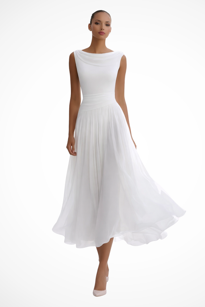 Elegant women's sleeveless flowing A-line midi dress, perfect for summer parties or special occasions.