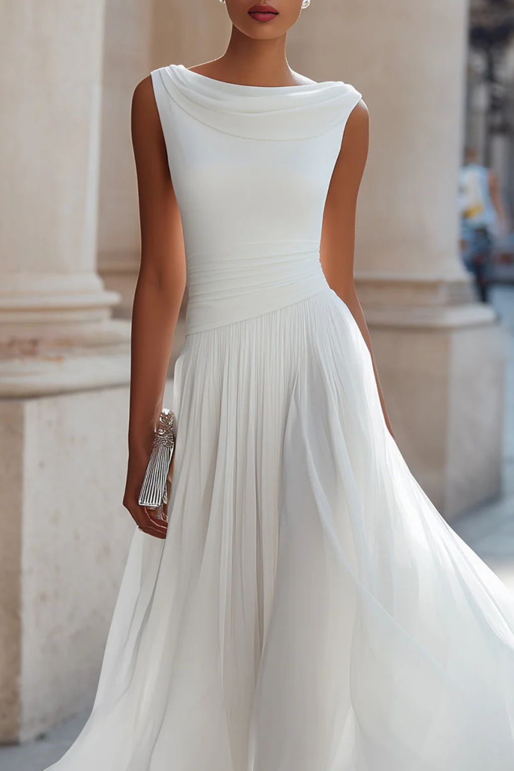 Chic women's A-line midi dress with a flowing skirt, ideal for formal events, parties, or summer outings.