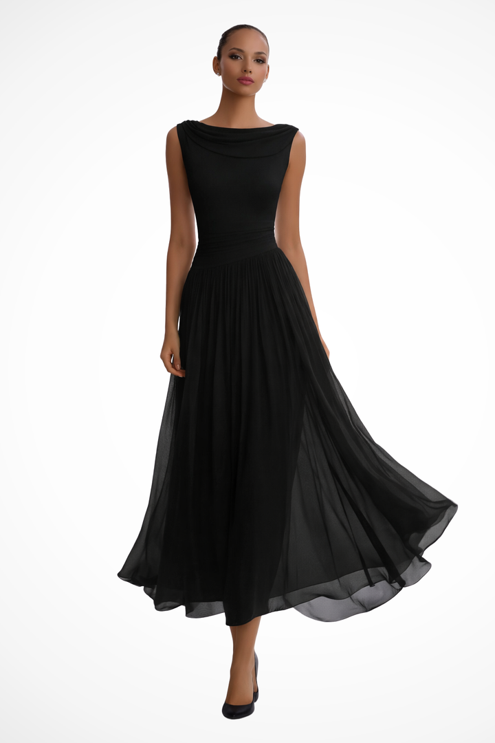 Graceful women's party dress: sleeveless A-line midi with a flowing skirt, ideal for elegant events.