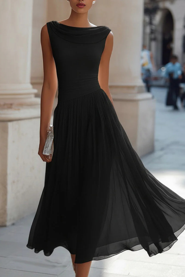 Women's elegant A-line midi dress, sleeveless and flowing, showcasing a chic design for versatile wear.