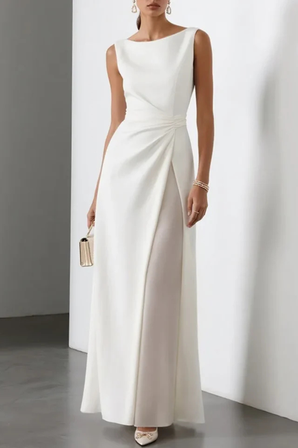 Women's elegant evening maxi dress with a draped waist and stylish side slit for formal events.