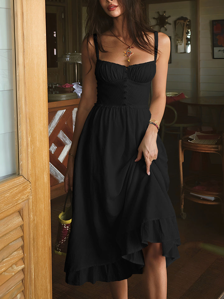 Women's sleeveless ruffle hem midi dress in a solid hue, ideal for sophisticated spring fashion.