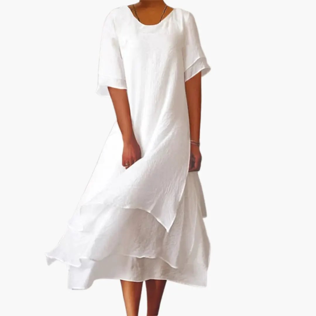 Elegant women's sleeveless midi dress with a round neck & fitted waist, perfect for summer or casual wear.