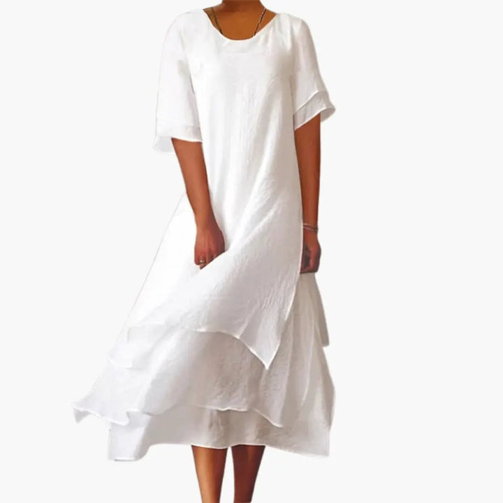 Elegant women's sleeveless midi dress with a round neck & fitted waist, perfect for summer or casual wear.