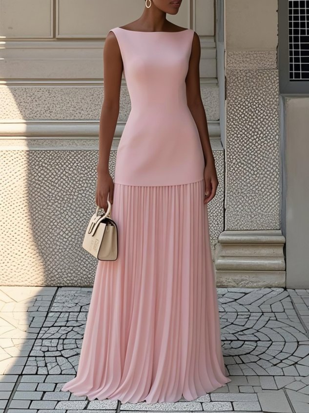 Chic pleated long dress for women, sleeveless design. Perfect for formal events, cocktail parties & evening wear.