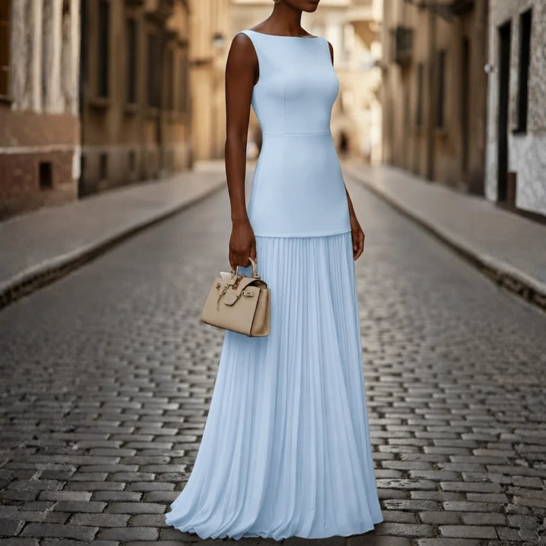 Elegant women's sleeveless pleated maxi dress with boat neck, perfect for formal occasions & evening wear.