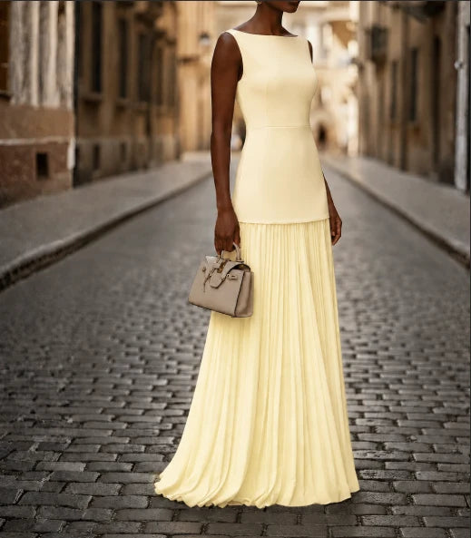 Chic sleeveless boat neck maxi dress for women, ideal as a party or cocktail dress, featuring elegant pleats.