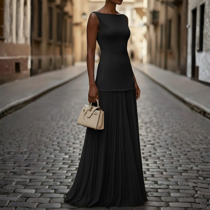 Sophisticated women's evening gown: sleeveless, elegant pleats, boat neck design. A perfect formal maxi dress.