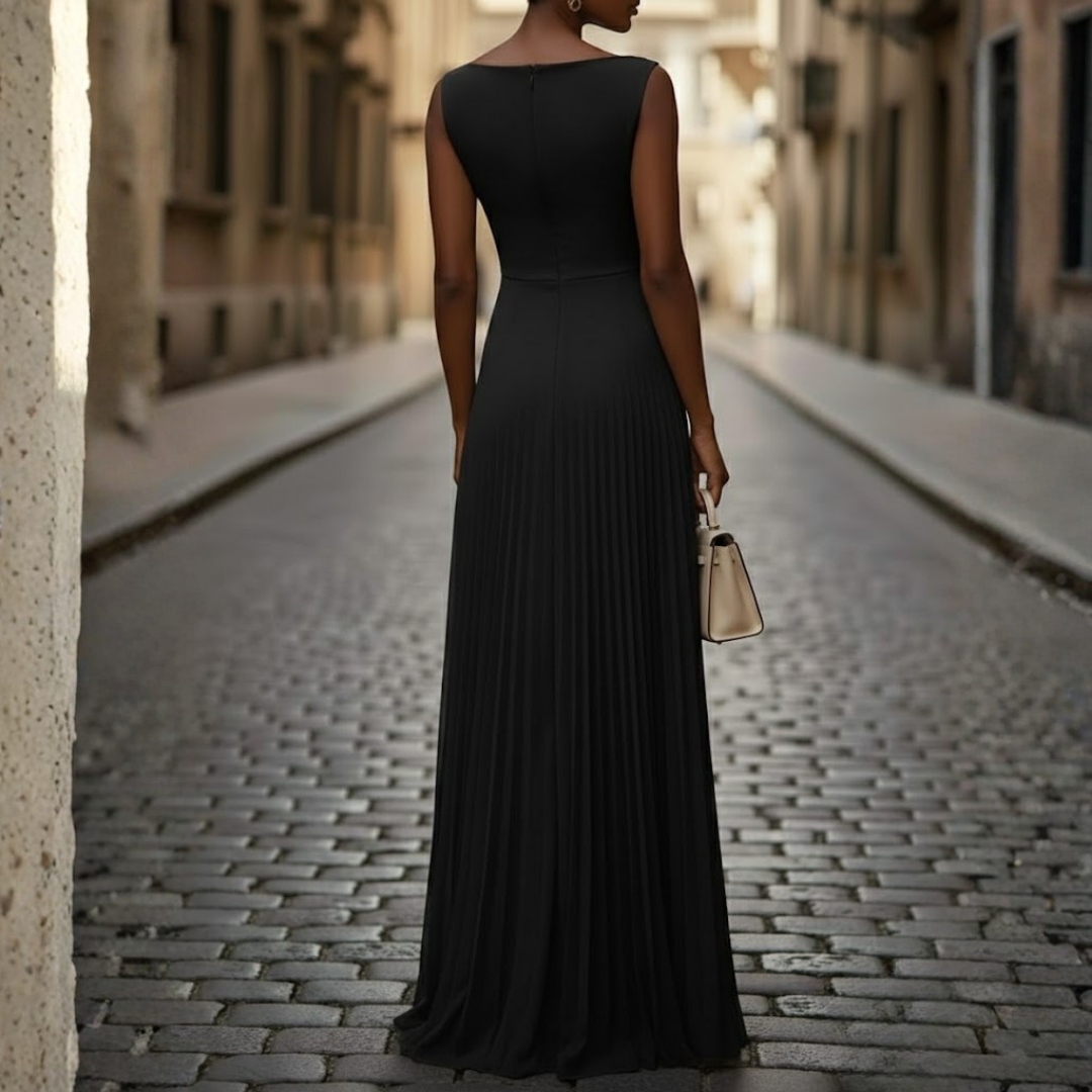 Stylish women's elegant pleated maxi dress. Sleeveless with boat neck, suitable for special occasion or party.