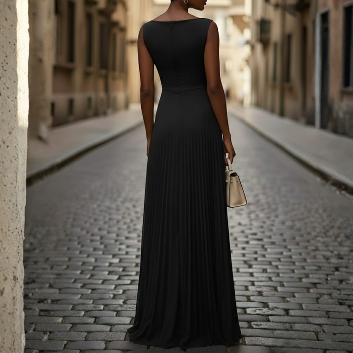 Stylish women's elegant pleated maxi dress. Sleeveless with boat neck, suitable for special occasion or party.