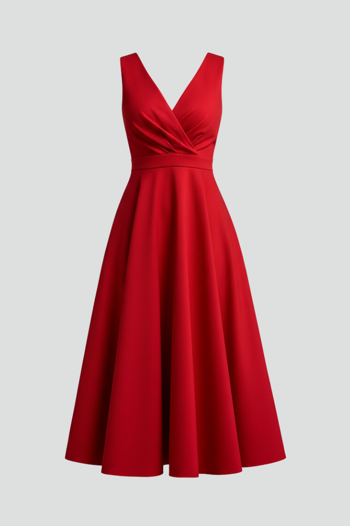 Elegant women's sleeveless V-neck A-line midi dress, perfect for spring/summer events. Chic & versatile fashion.