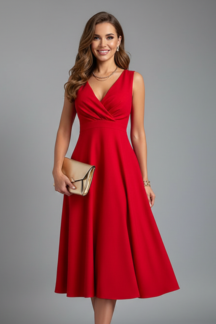 Close-up of elegant V-neck midi dress fabric. Women's sleeveless A-line design, ideal for evening or casual wear.