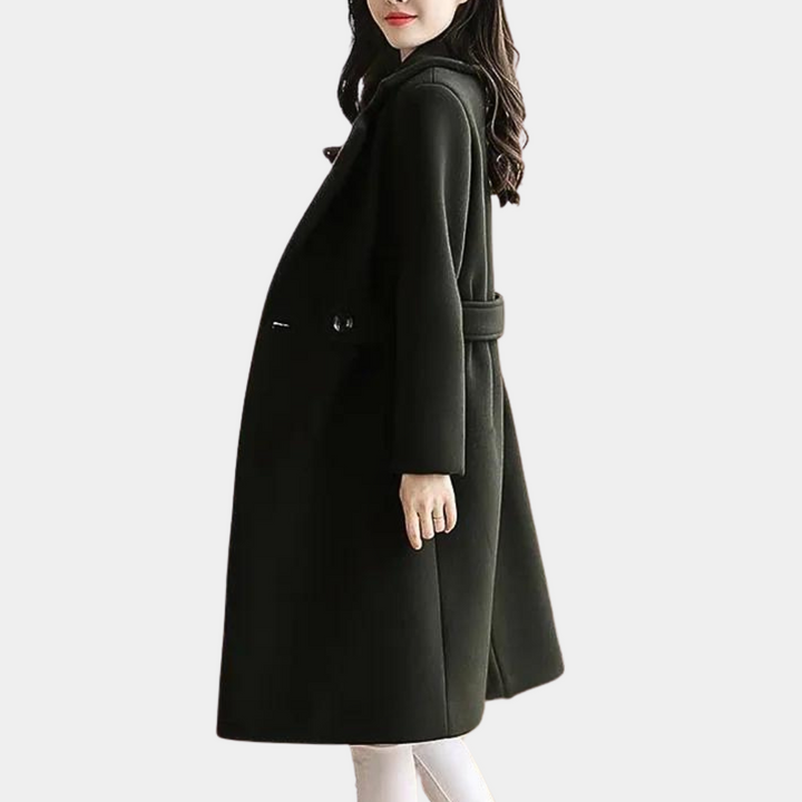 Stylish women's long coat for fall & winter, featuring a slim fit and elegant belted waist for any occasion.