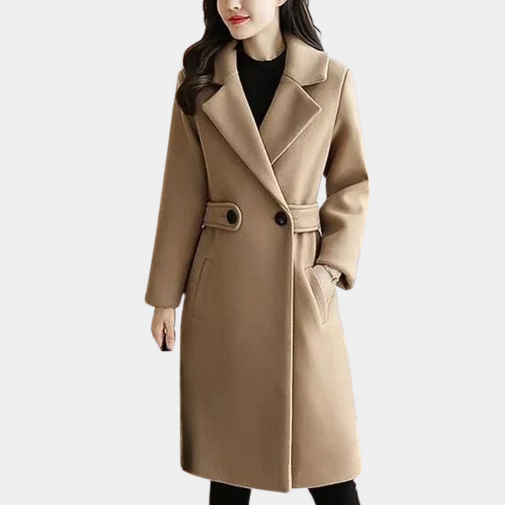 Chic women's slim fit long coat with a sophisticated belted waist, offering elegant outerwear for women.