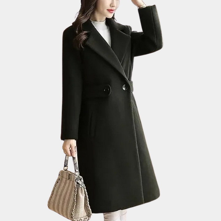Form-flattering slim fit women's long coat with an elegant belted waist, perfect for a chic winter look.